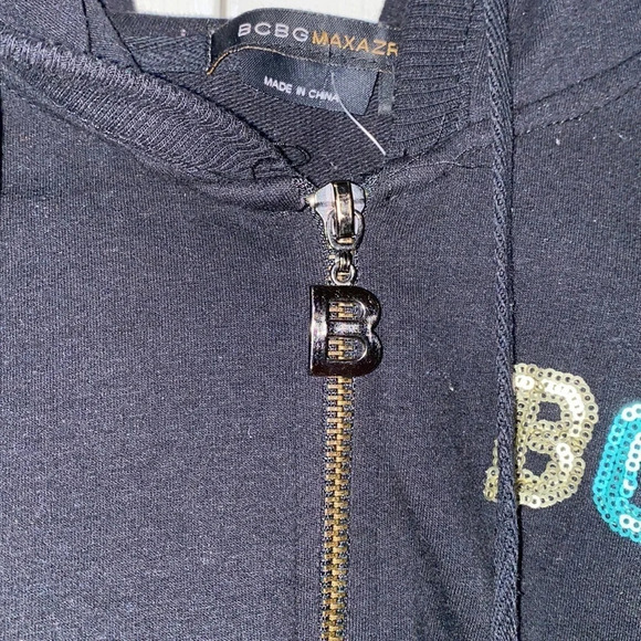 BCBG Maxazria  rhinestone logo black hoodie sweater Sz L - Picture 12 of 15
